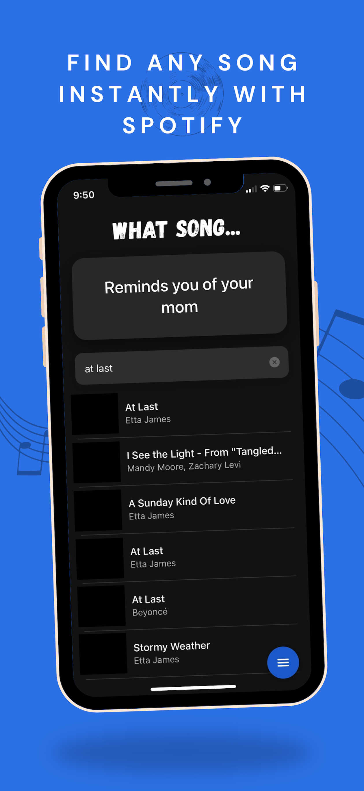 Find any song instantly with Spotify — search results inside the What Song app